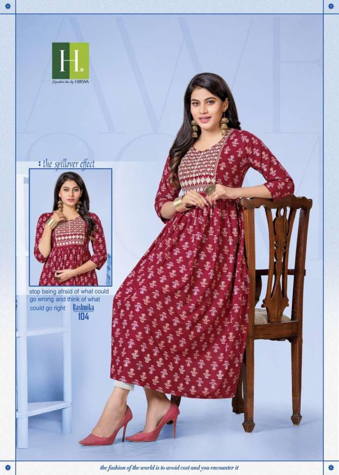 Hirwa Rashmika Fancy Casual Wear Rayon Latest Kurti Collection